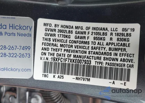 2019 Honda Civic Ex-L from USA, damaged, VIN 19XFC1F7XKE007933